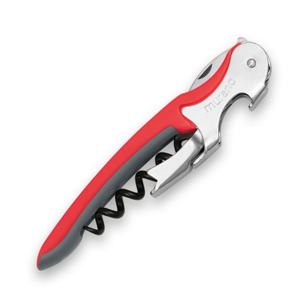 CORKSCREW MURANO, S/S SERRATED bld, S/S DOUBLE LEVER, C/S BLK COATED SPIRAL, GRY GUM + PLASTIC RED 186c hdl, BULK pkg