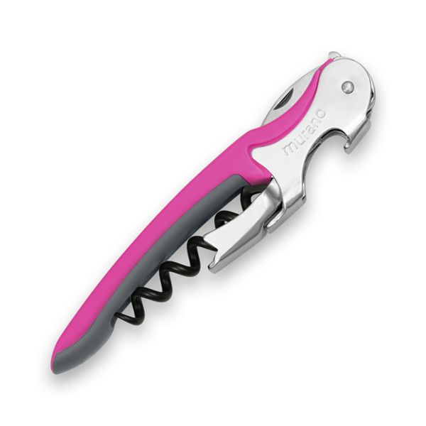 CORKSCREW MURANO, S/S SERRATED bld, S/S DOUBLE LEVER, C/S BLK COATED SPIRAL, GRY GUM + PLASTIC MAGENTA hdl, BULK pkg