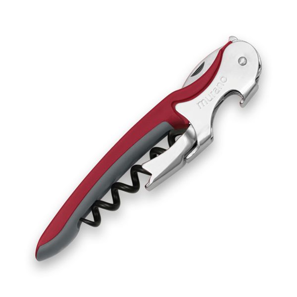 CORKSCREW MURANO, S/S SERRATED bld, S/S DOUBLE LEVER, C/S BLK COATED SPIRAL, GRY GUM + PLASTIC RED hdl, BULK pkg