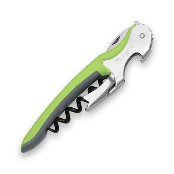 CORKSCREW MURANO, S/S SERRATED bld, S/S DOUBLE LEVER, C/S BLK COATED SPIRAL, GRY GUM + PLASTIC GREEN hdl, BULK pkg