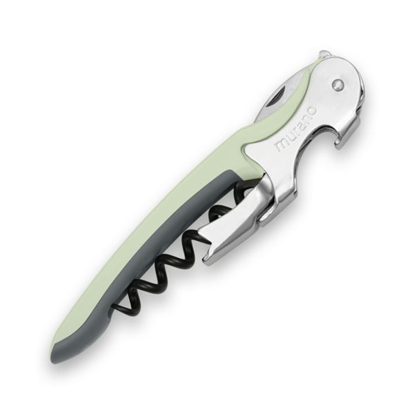 CORKSCREW MURANO, S/S SERRATED bld, S/S DOUBLE LEVER, C/S BLK COATED SPIRAL, GRY GUM + PLASTIC GREEN 580c hdl, BULK pkg