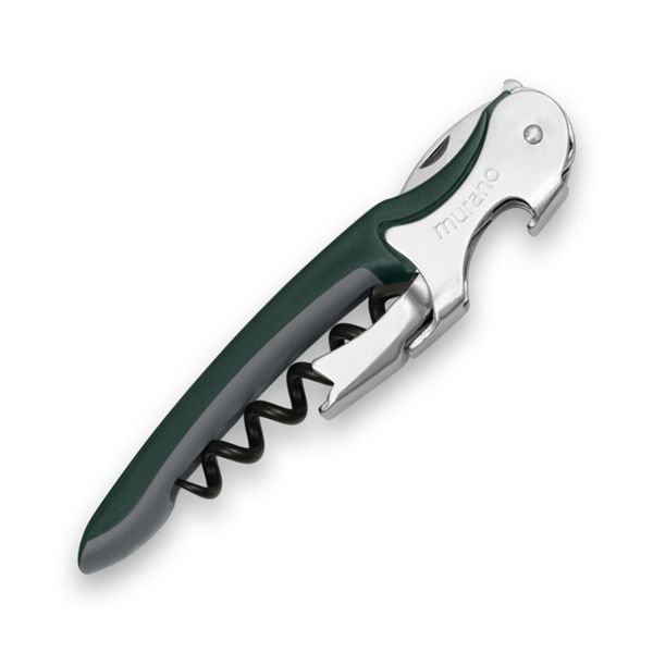 CORKSCREW MURANO, S/S SERRATED bld, S/S DOUBLE LEVER, C/S BLK COATED SPIRAL, GRY GUM + PLASTIC DARK GREEN hdl, BULK pkg