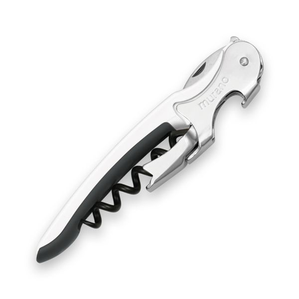 CORKSCREW MURANO, S/S SERRATED bld, S/S DOUBLE LEVER, C/S BLK COATED SPIRAL, BLK GUM + PLASTIC WHITE hdl, BULK pkg