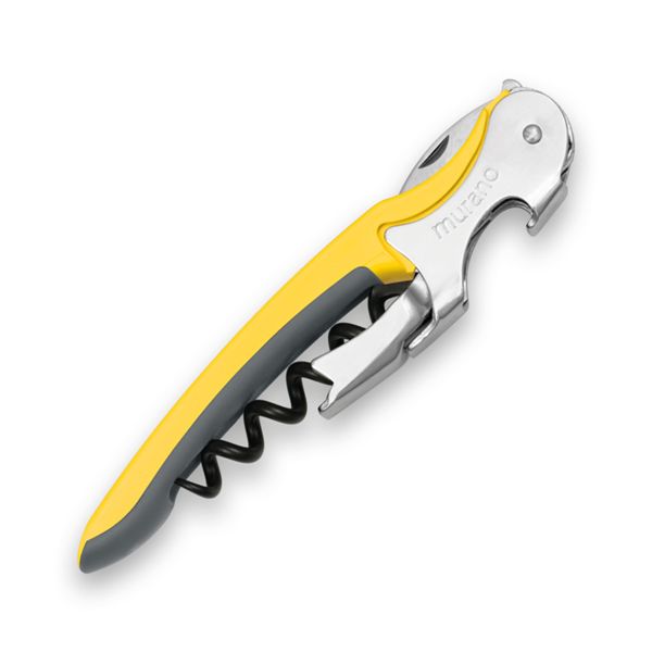 CORKSCREW MURANO, S/S SERRATED bld, S/S DOUBLE LEVER, C/S BLK COATED SPIRAL, GRY GUM + PLASTIC YELLOW hdl, BULK pkg