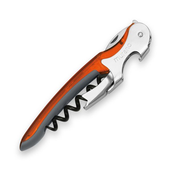 CORKSCREW MURANO, S/S SERRATED bld, S/S DOUBLE LEVER, C/S BLK COATED SPIRAL, GRY GUM + TRANSPARENT PLASTIC ORANGE hdl, BULK pkg