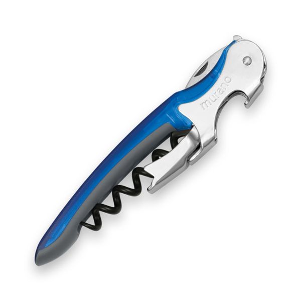 CORKSCREW MURANO, S/S SERRATED bld, S/S DOUBLE LEVER, C/S BLK COATED SPIRAL, GRY GUM + TRANSPARENT PLASTIC BLUE hdl, BULK pkg