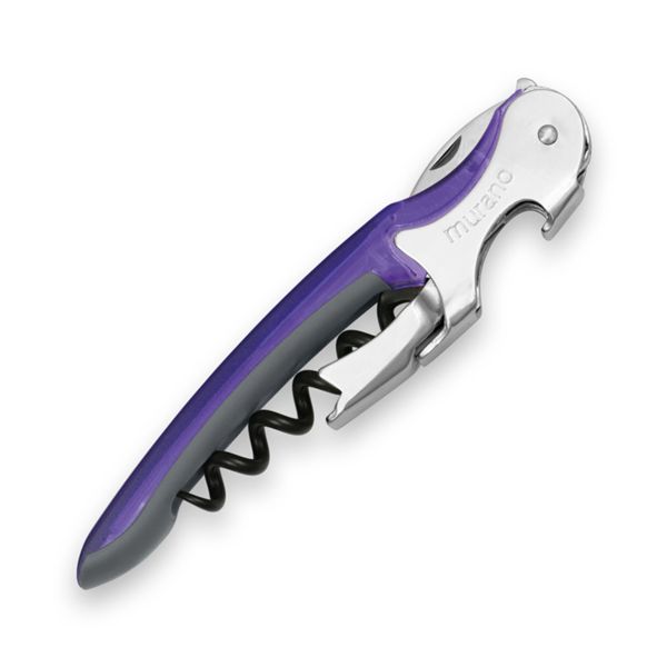 CORKSCREW MURANO, S/S SERRATED bld, S/S DOUBLE LEVER, C/S BLK COATED SPIRAL, GRY GUM + TRANSPARENT PLASTIC VIOLET hdl, BULK pkg