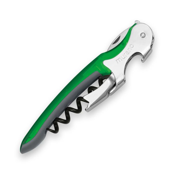 CORKSCREW MURANO, S/S SERRATED bld, S/S DOUBLE LEVER, C/S BLK COATED SPIRAL, GRY GUM + TRANSPARENT PLASTIC GREEN hdl, BULK pkg