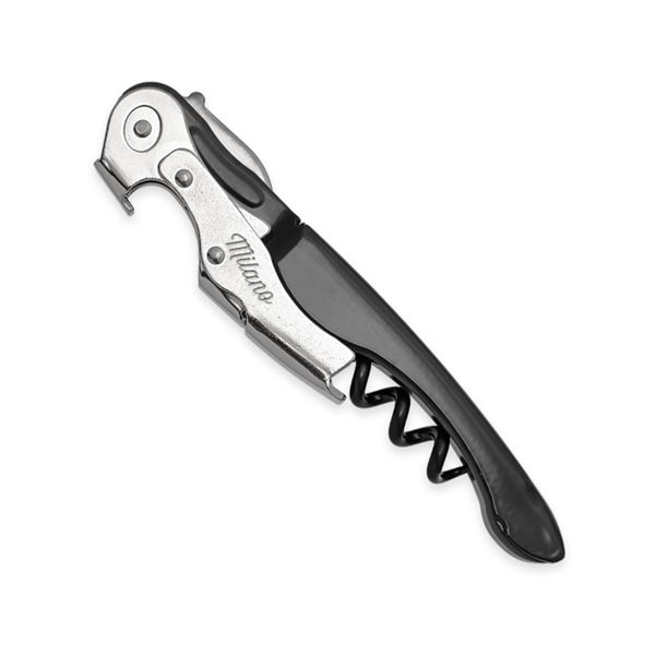 CORKSCREW MILANO BASIC, S/S SERRATED bld, S/S DOUBLE LEVER, C/S BLK COATED SPIRAL, BLK PLASTIC + C/S GLOSSY BLACK - RAL-9005 hdl, BULK pkg