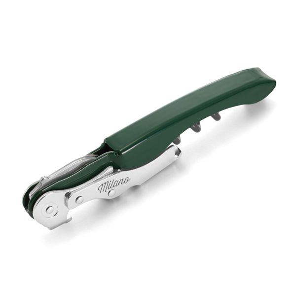 CORKSCREW MILANO BASIC, S/S SERRATED bld, S/S DOUBLE LEVER, C/S BLK COATED SPIRAL, BLK PLASTIC + C/S DARK GREEN - RAL-6005 hdl, BULK pkg