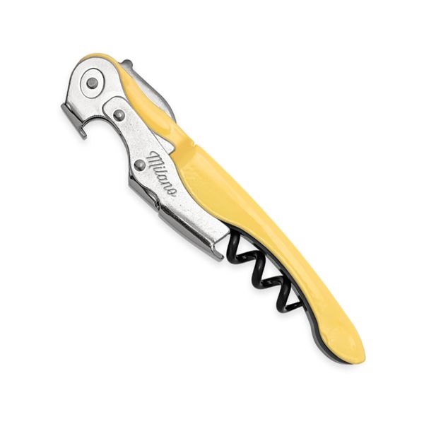 CORKSCREW MILANO BASIC, S/S SERRATED bld, S/S DOUBLE LEVER, C/S BLK COATED SPIRAL, BLK PLASTIC + C/S YELLOW - RAL-3005 hdl, BULK pkg