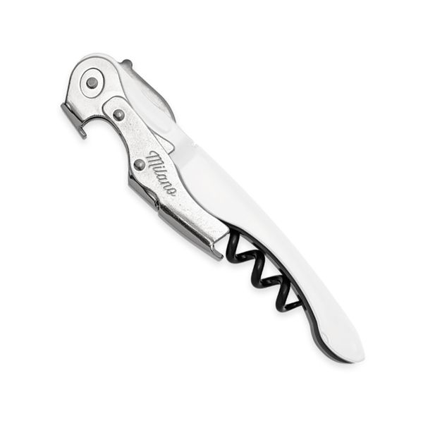 CORKSCREW MILANO PLUS, S/S SERRATED bld, S/S DOUBLE LEVER, C/S BLK COATED SPIRAL, GRY GUM + C/S WHITE - RAL-9010 hdl, BULK pkg