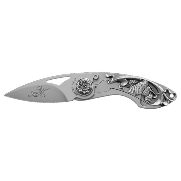 VIPER, SLIM, FOLD. KNIFE, W.NR.1.4116 bld, AISI 420B/825 SILVER ALLOY ONLAY (WOODCOCK) FRAME, BLACKMETAL CASE