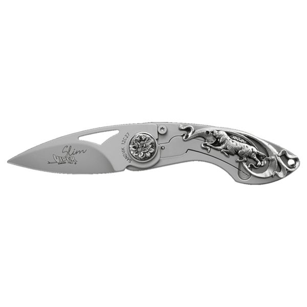 VIPER, SLIM, FOLD. KNIFE, W.NR.1.4116 bld, AISI 420B/825 SILVER ALLOY ONLAY (DOG) FRAME, BLACK METALCASE