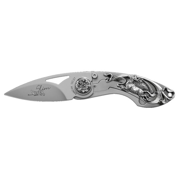 VIPER, SLIM, FOLD. KNIFE, W.NR.1.4116 bld, AISI 420B/825 SILVER ALLOY ONLAY (STAG) FRAME, BLACK METAL CASE