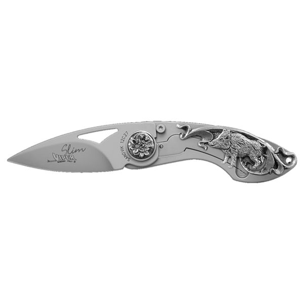 VIPER, SLIM, FOLD. KNIFE, W.NR.1.4116 bld, AISI 420B/825 SILVER ALLOY ONLAY (WILD BOAR) FRAME, BLACKMETAL CASE