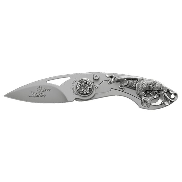 VIPER, SLIM, FOLD. KNIFE, W.NR.1.4116 bld, AISI 420B/825 SILVER ALLOY ONLAY (TROUT) FRAME, BLACK METAL CASE