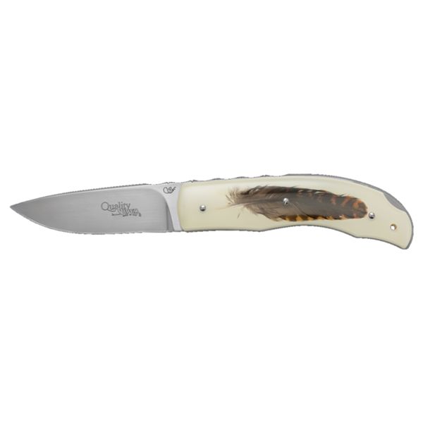 VIPER, QUALITY, FOLD. KNIFE, BOHLER N690 CO bld, RESIN/WOODCOCK FEATHER hdl, LEATHER POUCH