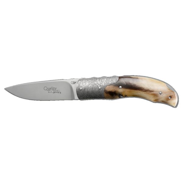 VIPER, QUALITY, FOLD. KNIFE, BOHLER N690 CO bld, HAMMERED TITANIUM BOLSTERS, RAM HORN hdl, LEATHER POUCH