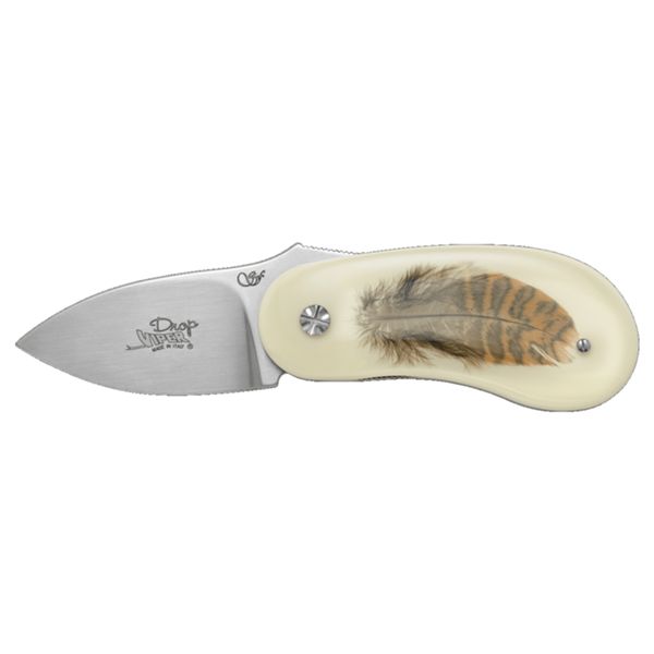 VIPER, DROP, FOLD. KNIFE, W.NR.1.4116 bld, RESIN/WOODCOCK FEATHER hdl, LEATHER POUCH