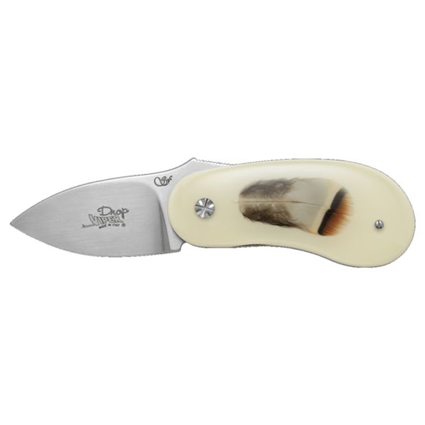 VIPER, DROP, FOLD. KNIFE, W.NR.1.4116 bld, RESIN/RED PARTRIDGE FEATHER hdl, LEATHER POUCH