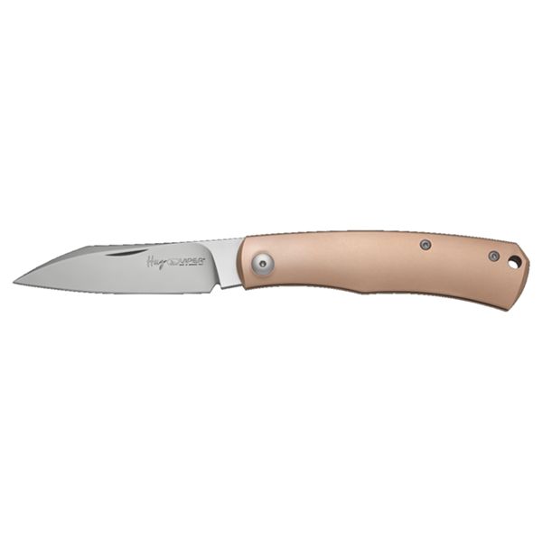 VIPER, HUG, FOLD. KNIFE, BOHLER M390 SATIN bld, SANDBLASTED BRONZE hdl, ROUNDED STEEL SPRING W.NR.1.4034 SPRING, LEATHER SHEATH