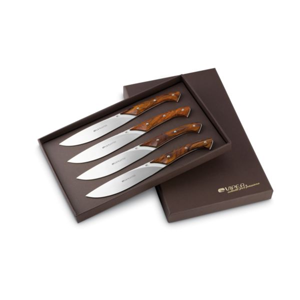 VIPER, FIORENTINA, STEAK KNIFE, NITRO B/440A bld, COCOBOLO/PAU SANTO WOOD hdl, 4 PIECES GIFT BOX