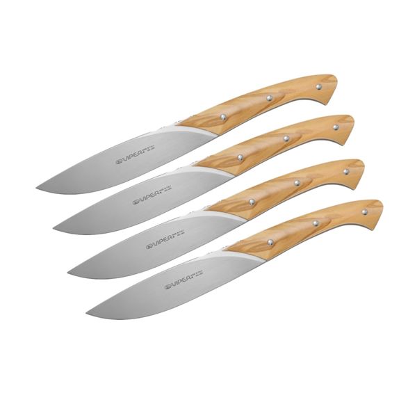 VIPER, FIORENTINA, STEAK KNIFE, NITRO B/440A bld, OLIVE WOOD hdl, 4 PIECES GIFT BOX