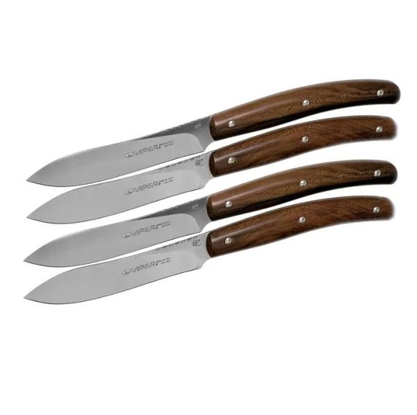 VIPER, COSTATA DROP POINT, STEAK KNIFE, NITRO B/440A bld, ZIRICOTE WOOD hdl, 4 PIECES GIFT BOX